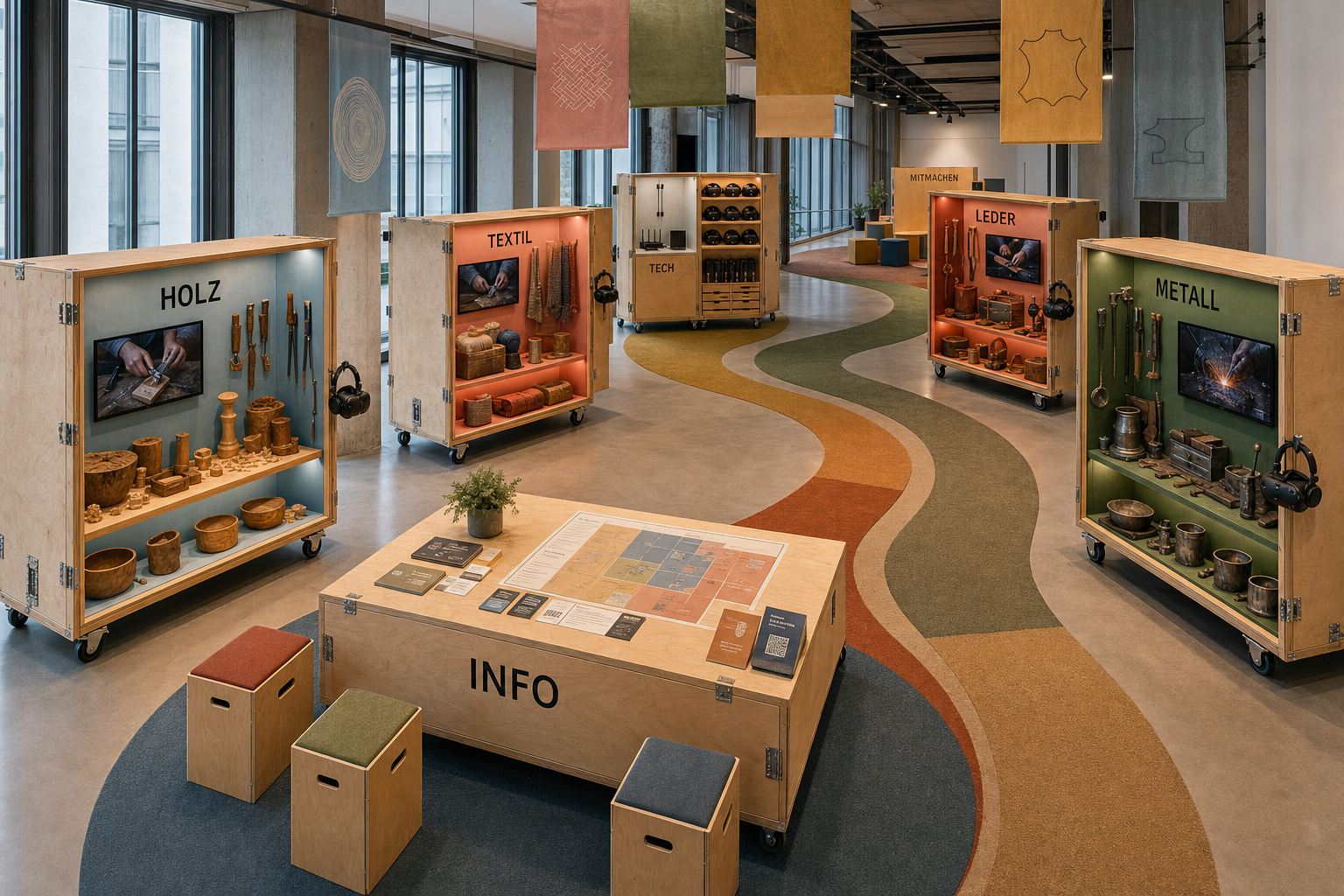 Mobile MachArt-Ausstellung mit Handwerksstationen, Info-Hub und farbigen Teppichinseln