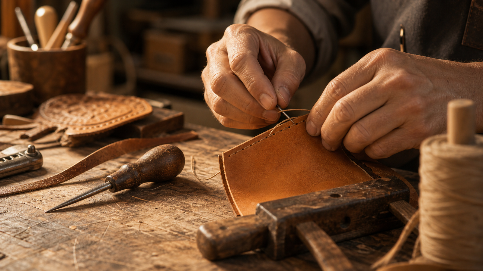 Nahaufnahme von altem Handwerkswerkzeug, Holzspaenen und Materialproben