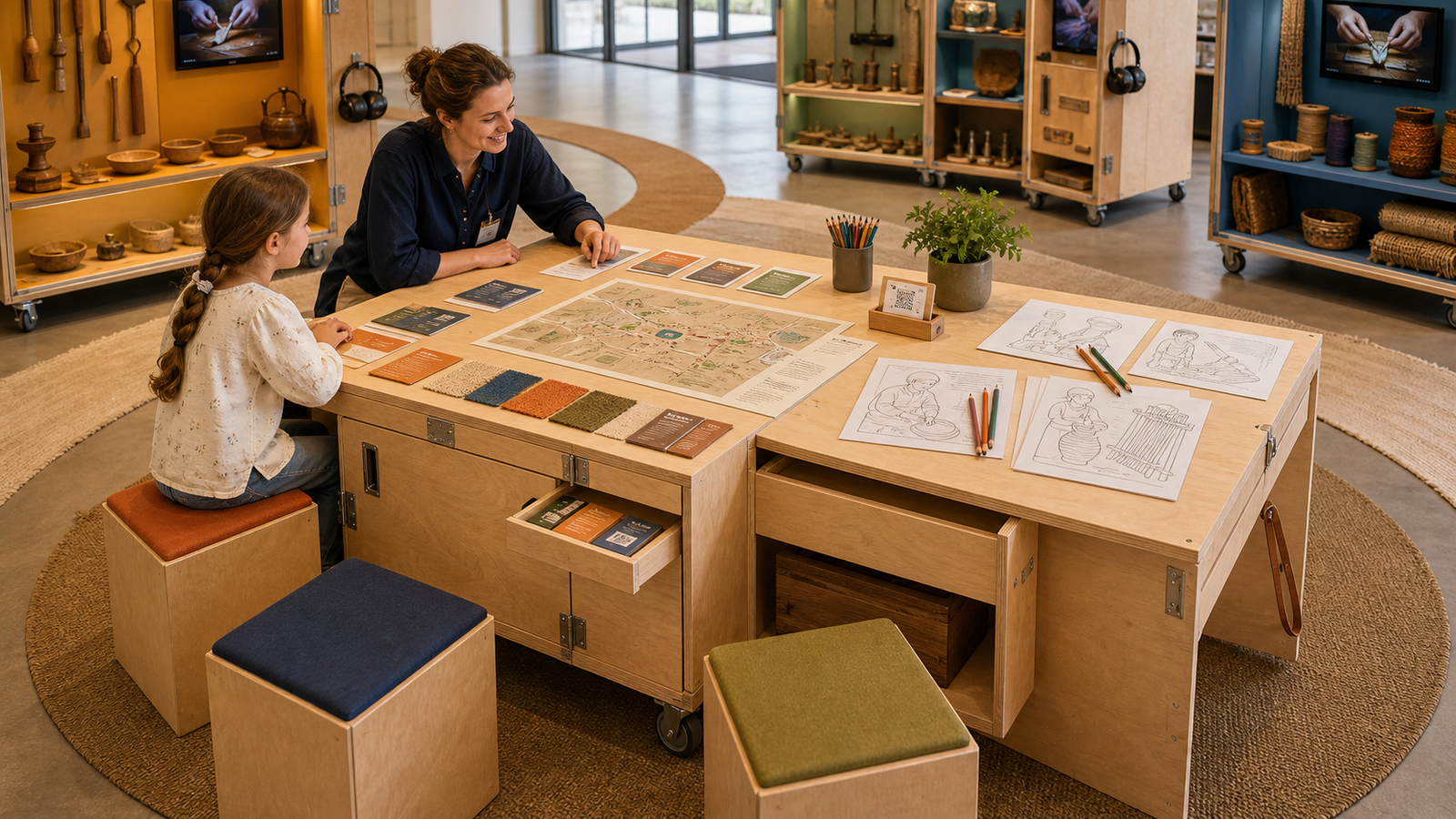 Menschlicher Info-Hub mit Tisch, Sitzwuerfeln und Informationsmaterial