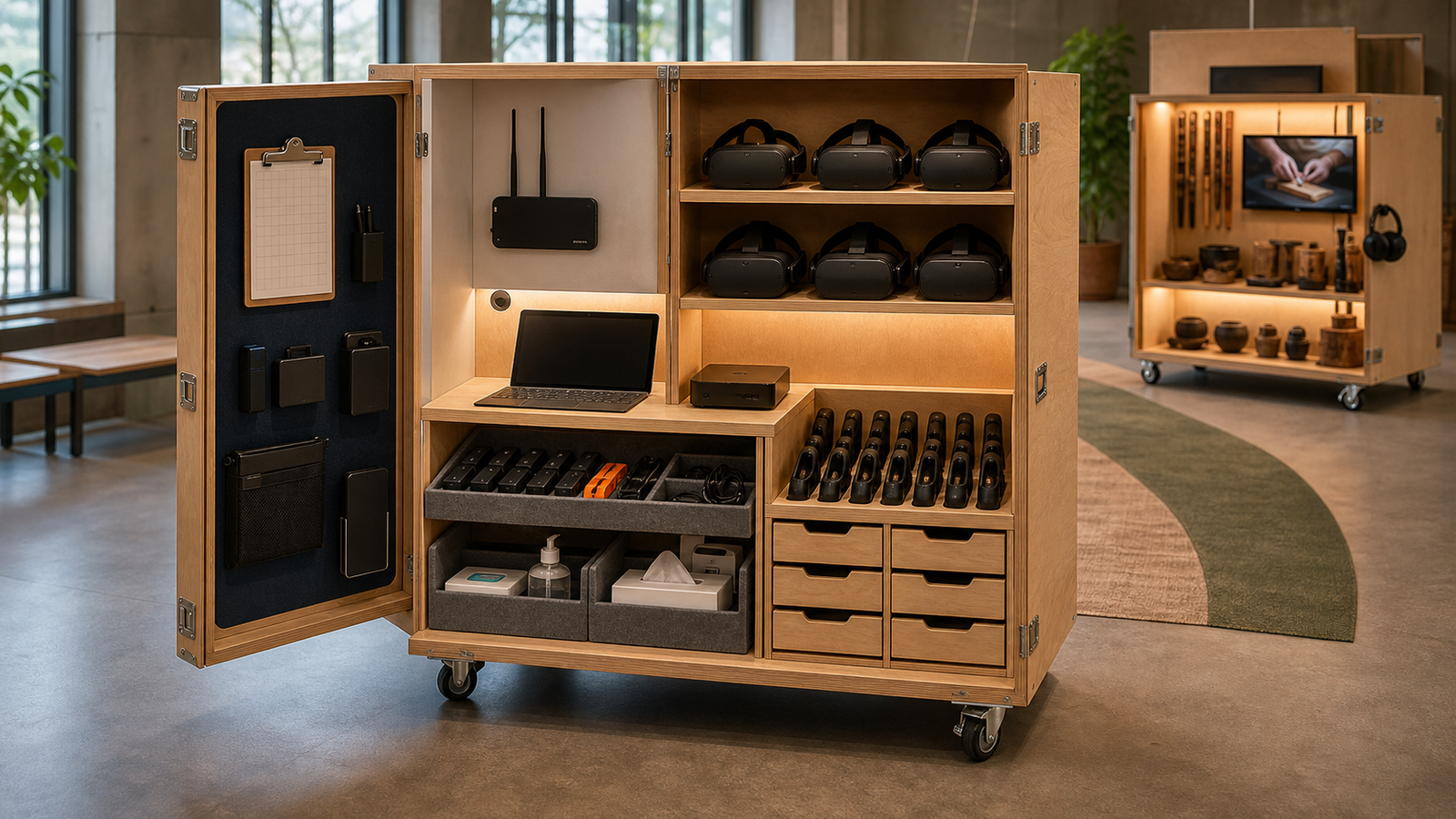 Geschlossene Technik-Kiste mit Router, Ladestation, Backup-Brillen und Medienrechner