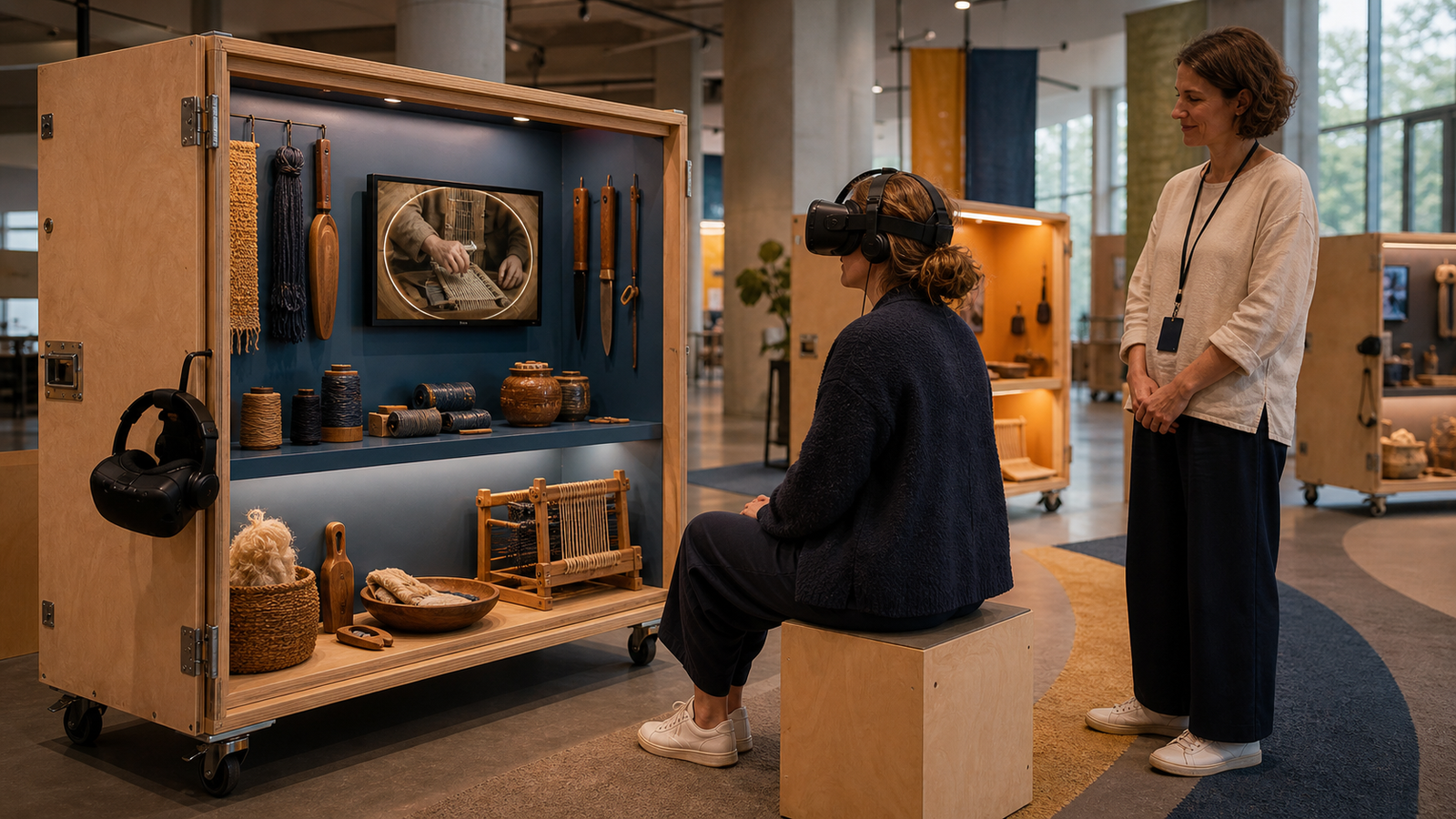 Besucherin sitzt an einer Station und nutzt eine gesicherte VR-Brille