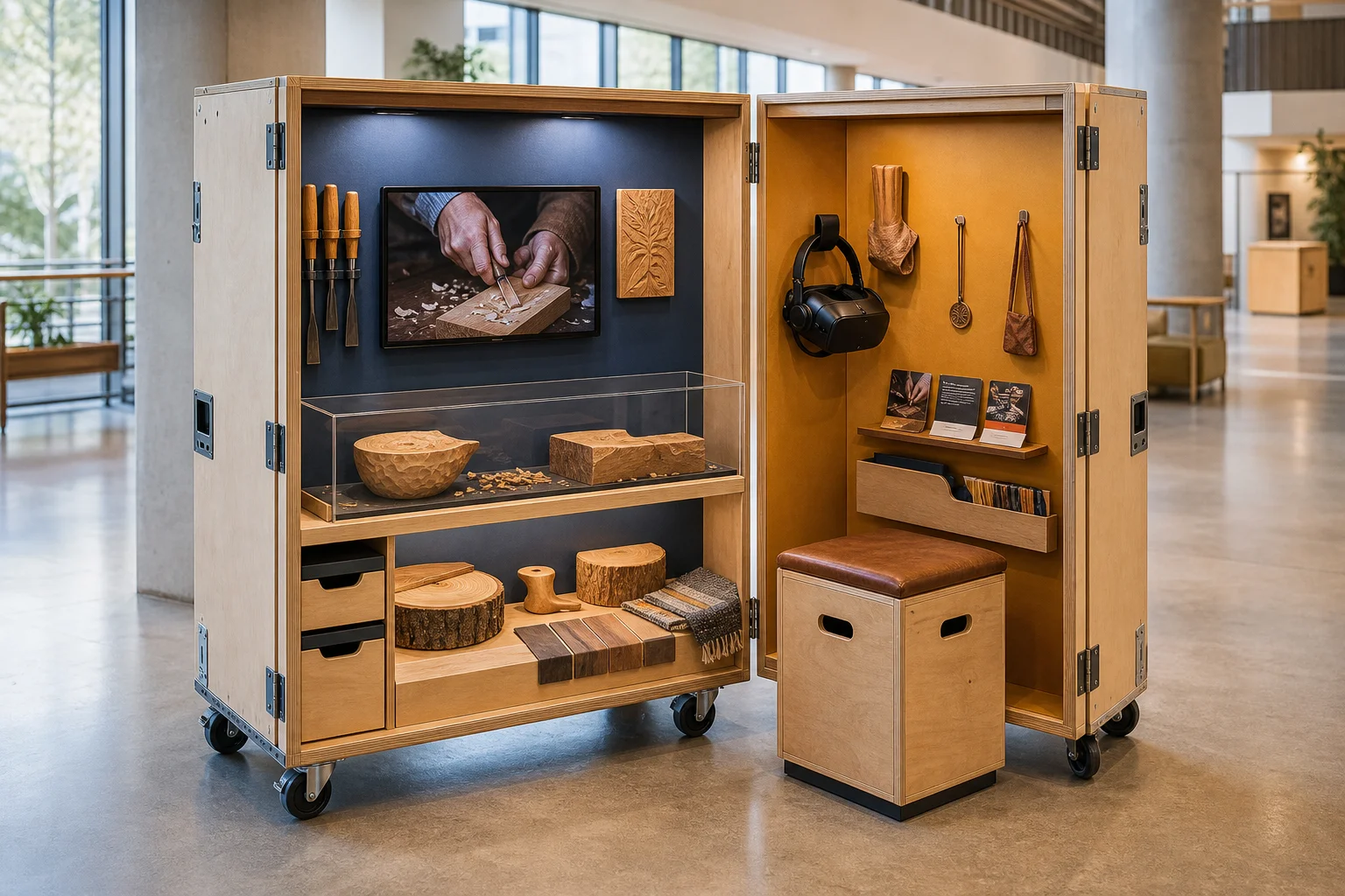 Zweiflügelige mobile Handwerksstation mit Material, Bildschirm, VR-Brille und Sitzplatz