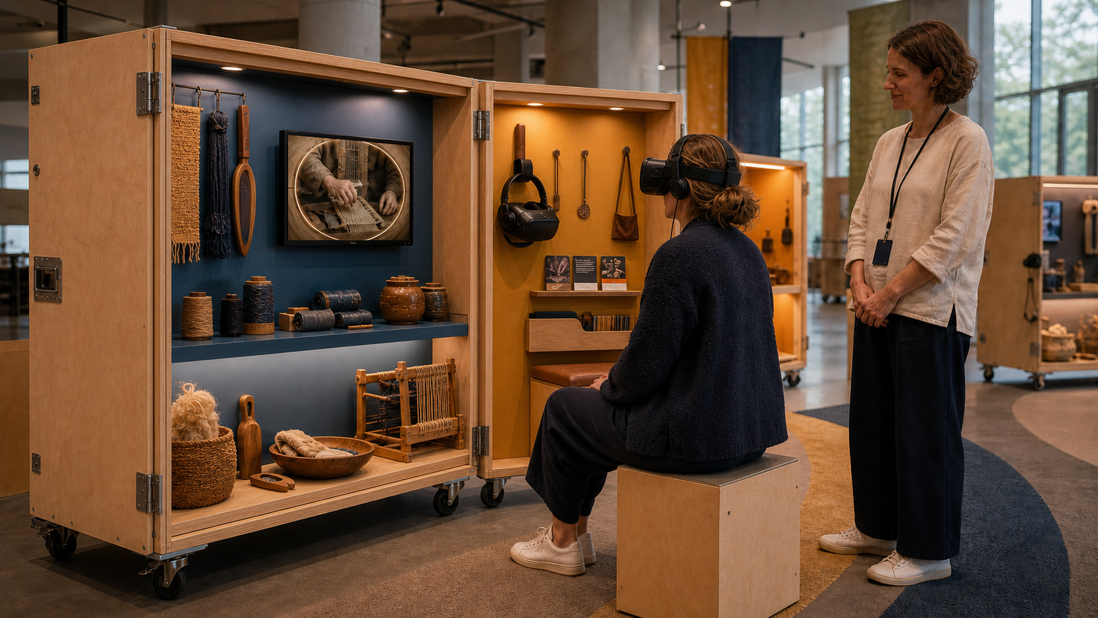 Besucherin nutzt sitzend die VR-Brille einer zweiflügeligen Handwerksstation